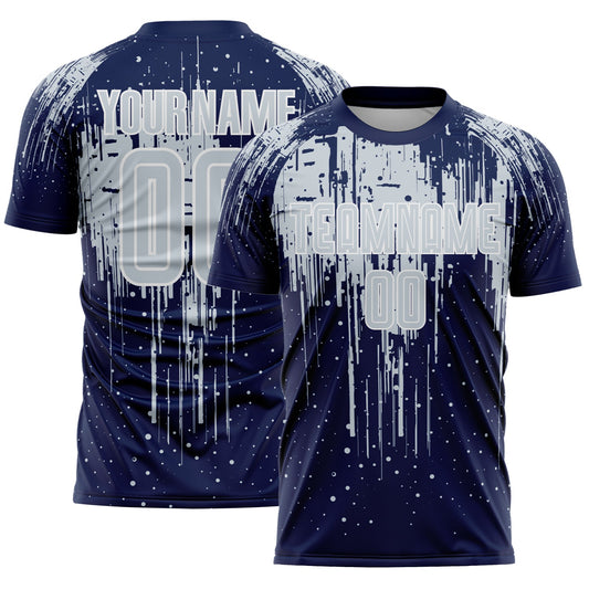 Custom Navy Silver-White Dripping Splatte Pattern Sports Sublimation Soccer Uniform Jersey - Main View