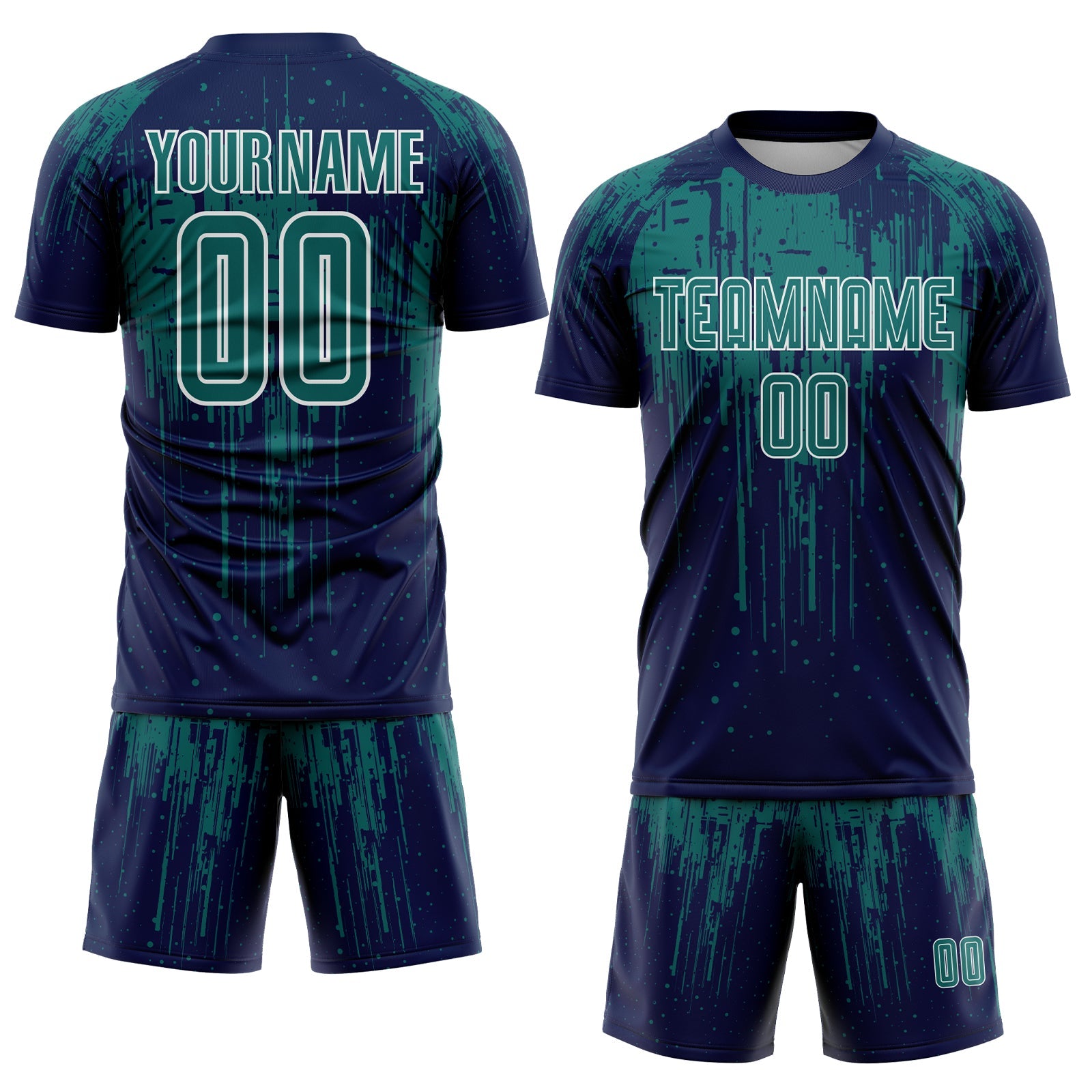 Custom Navy Teal-White Dripping Splatte Pattern Sports Sublimation Soccer Uniform Jersey view 2