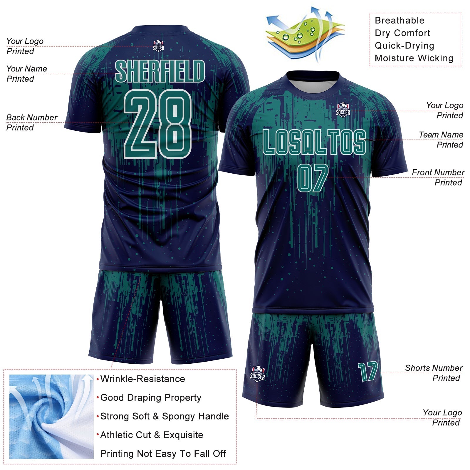 Custom Navy Teal-White Dripping Splatte Pattern Sports Sublimation Soccer Uniform Jersey view 4