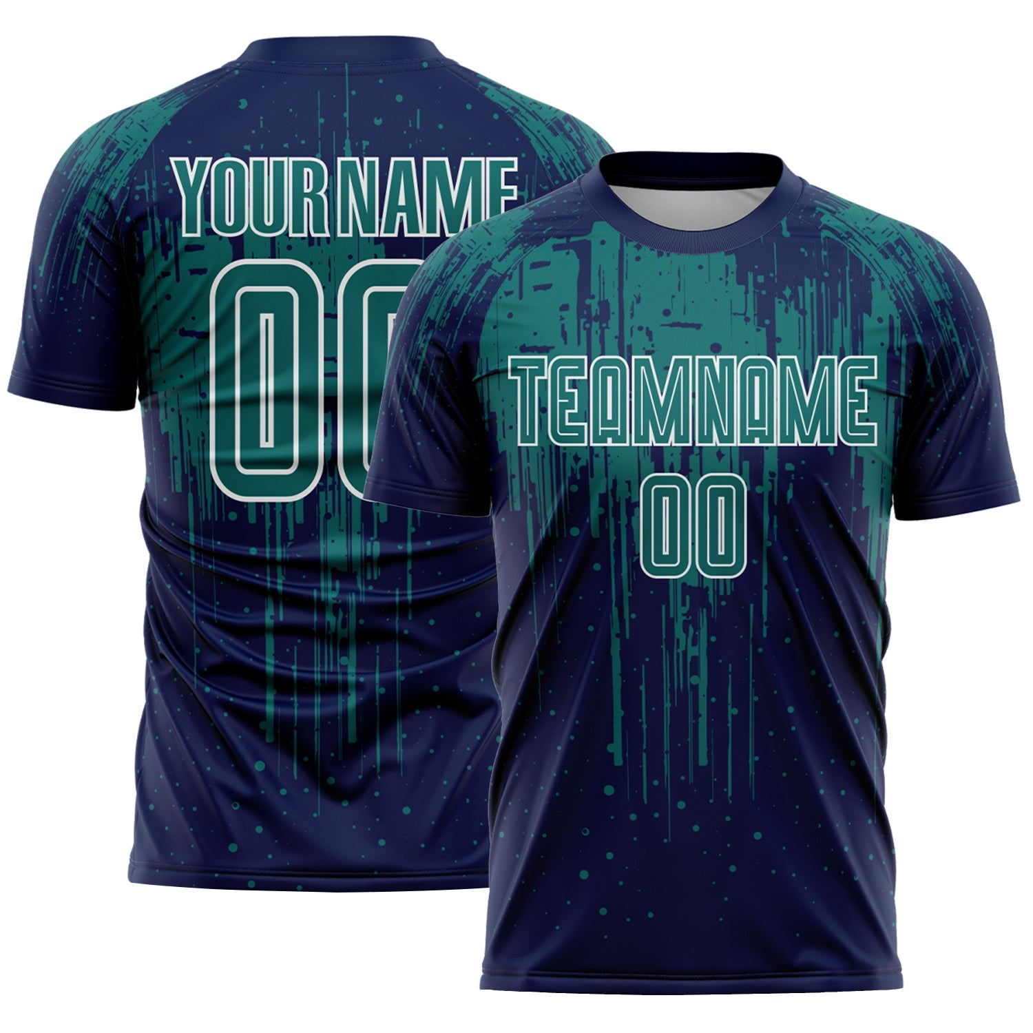 Custom Navy Teal-White Dripping Splatte Pattern Sports Sublimation Soccer Uniform Jersey - Main View