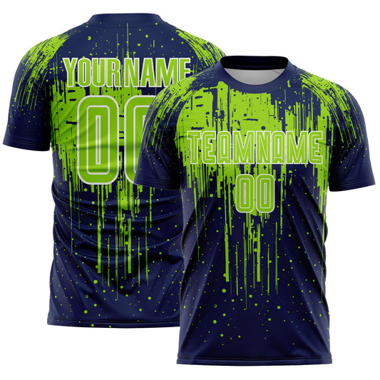 Custom Navy Neon Green-White Dripping Splatte Pattern Sports Sublimation Soccer Uniform Jersey - Main View