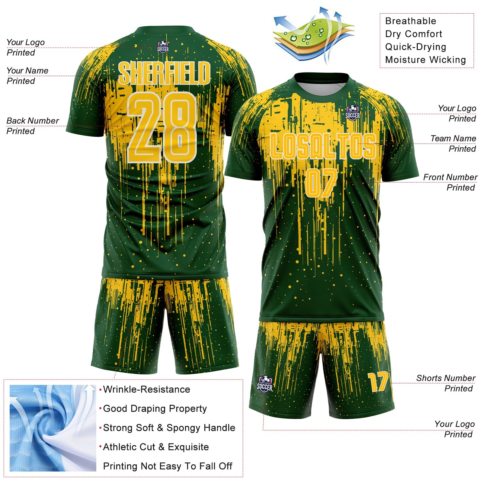 Custom Green Yellow-White Dripping Splatte Pattern Sports Sublimation Soccer Uniform Jersey view 4