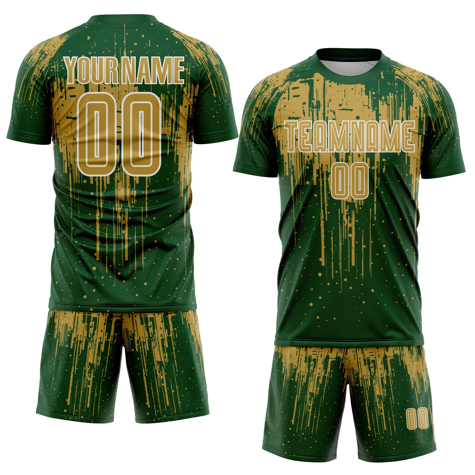 Custom Green Old Gold-White Dripping Splatte Pattern Sports Sublimation Soccer Uniform Jersey view 2