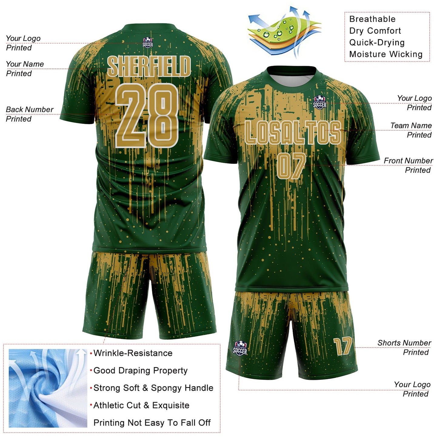 Custom Green Old Gold-White Dripping Splatte Pattern Sports Sublimation Soccer Uniform Jersey view 4