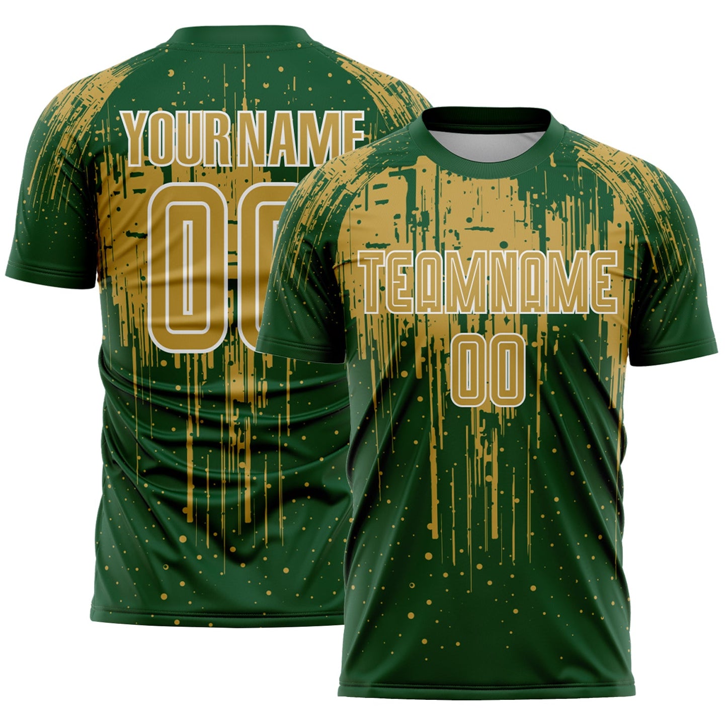 Custom Green Old Gold-White Dripping Splatte Pattern Sports Sublimation Soccer Uniform Jersey - Main View