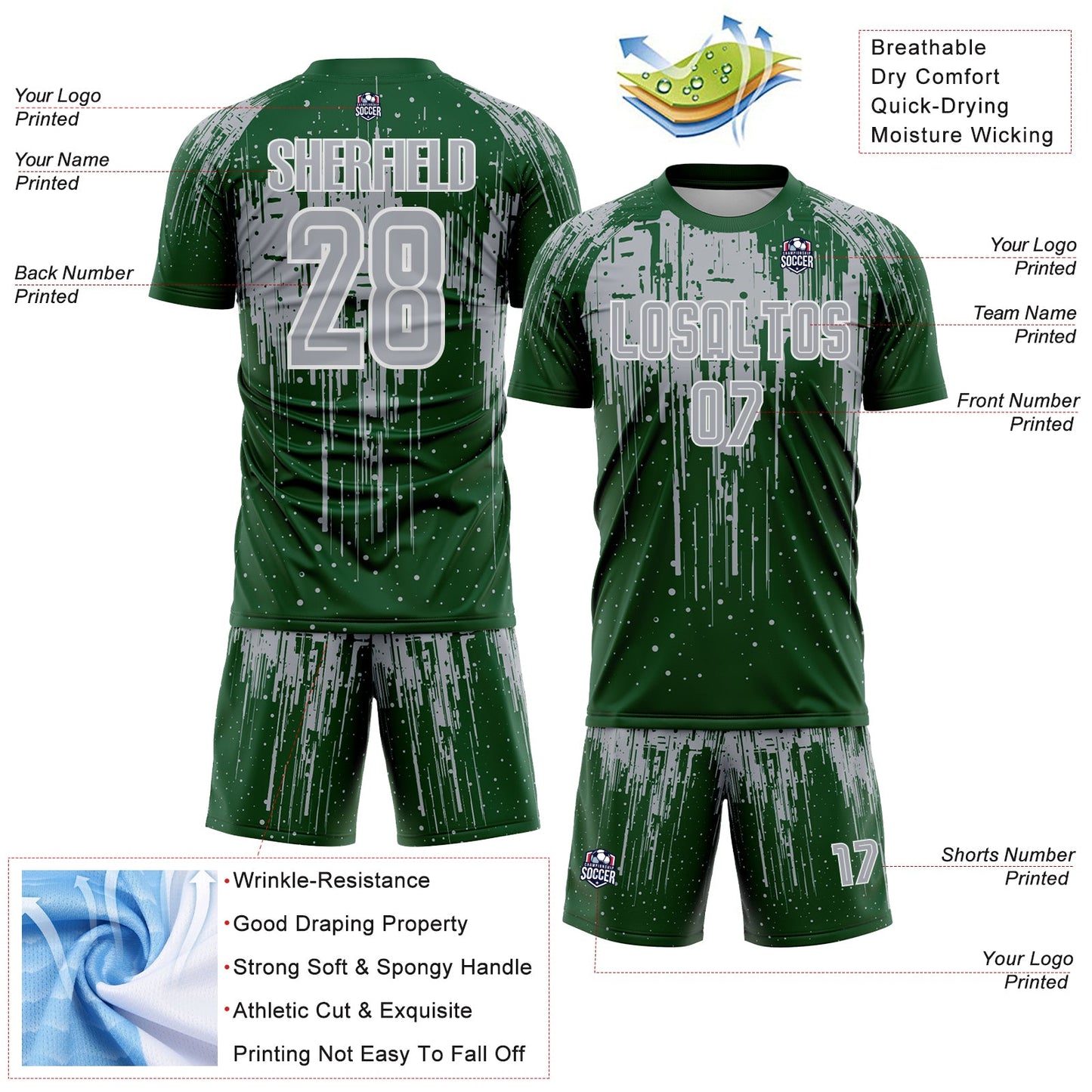 Custom Green Gray-White Dripping Splatte Pattern Sports Sublimation Soccer Uniform Jersey view 4