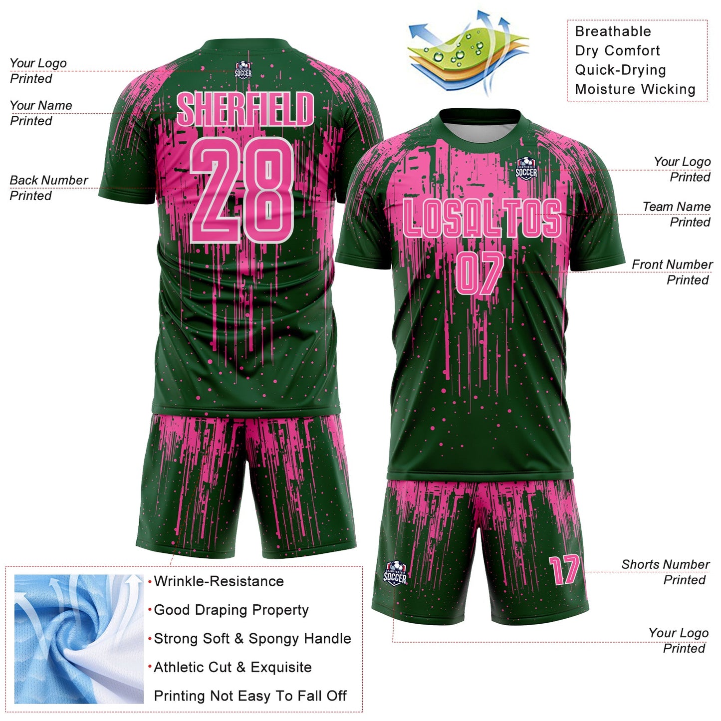 Custom Green Pink-White Dripping Splatte Pattern Sports Sublimation Soccer Uniform Jersey view 4
