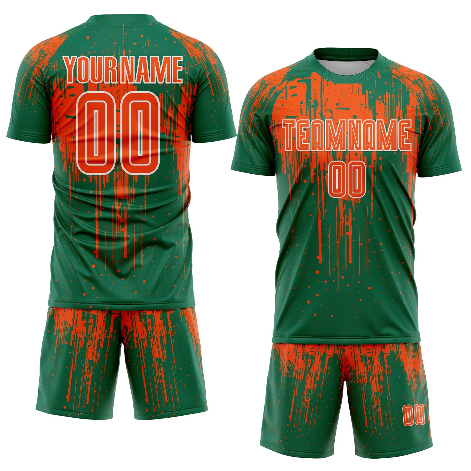 Custom Kelly Green Orange-White Dripping Splatte Pattern Sports Sublimation Soccer Uniform Jersey view 2