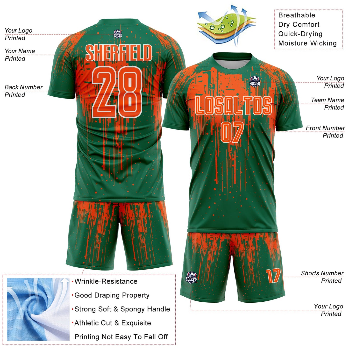 Custom Kelly Green Orange-White Dripping Splatte Pattern Sports Sublimation Soccer Uniform Jersey view 4