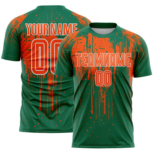 Custom Kelly Green Orange-White Dripping Splatte Pattern Sports Sublimation Soccer Uniform Jersey - Main View