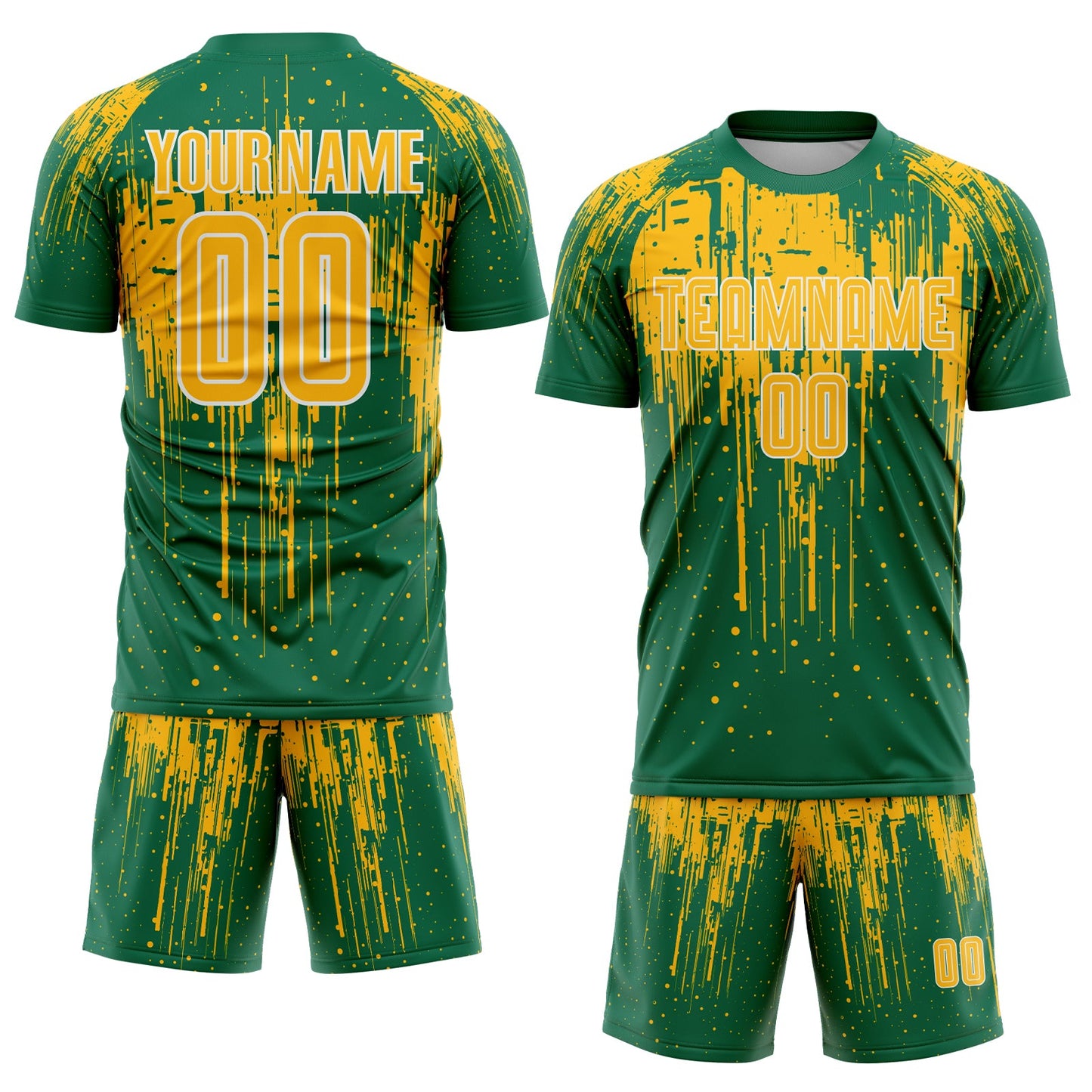 Custom Kelly Green Gold-White Dripping Splatte Pattern Sports Sublimation Soccer Uniform Jersey view 2
