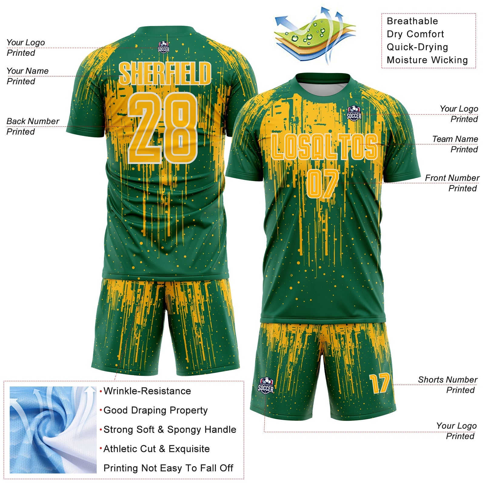 Custom Kelly Green Gold-White Dripping Splatte Pattern Sports Sublimation Soccer Uniform Jersey view 4