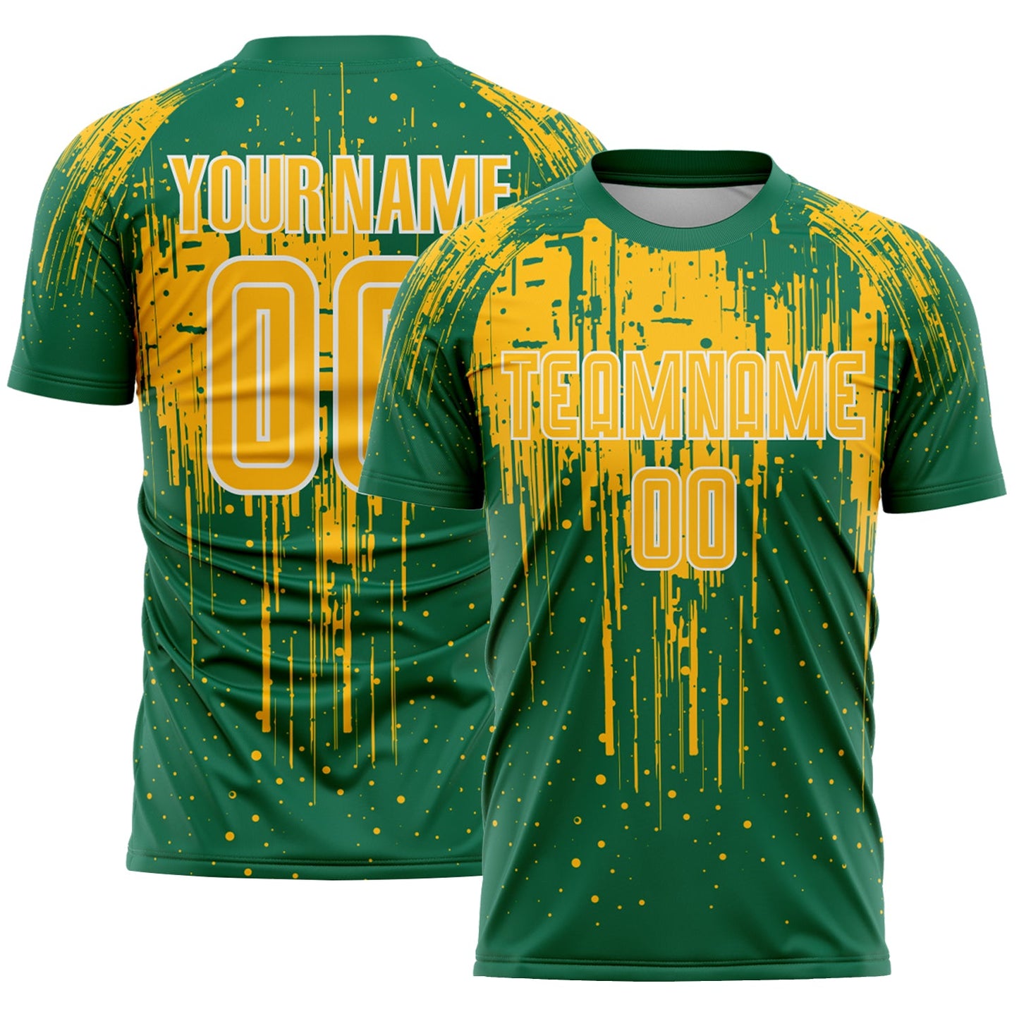 Custom Kelly Green Gold-White Dripping Splatte Pattern Sports Sublimation Soccer Uniform Jersey - Main View