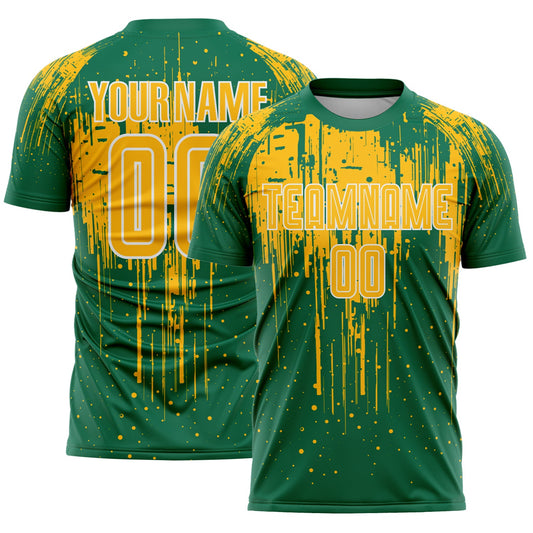 Custom Kelly Green Gold-White Dripping Splatte Pattern Sports Sublimation Soccer Uniform Jersey - Main View