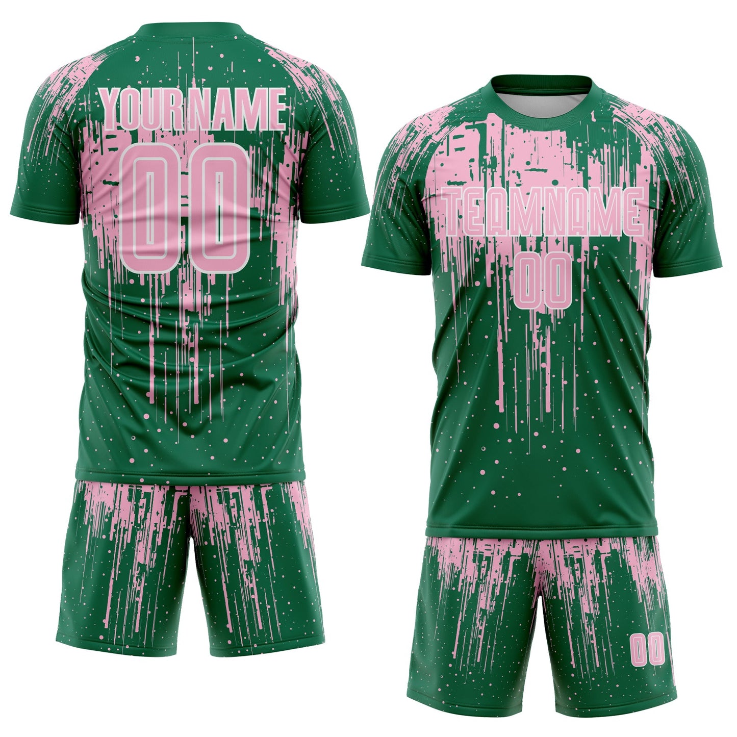 Custom Kelly Green Light Pink-White Dripping Splatte Pattern Sports Sublimation Soccer Uniform Jersey view 2