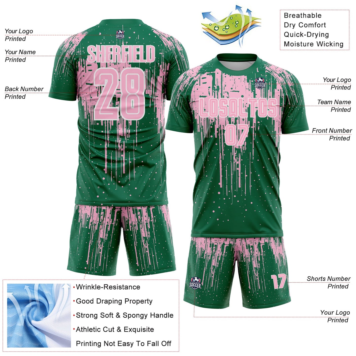 Custom Kelly Green Light Pink-White Dripping Splatte Pattern Sports Sublimation Soccer Uniform Jersey view 4