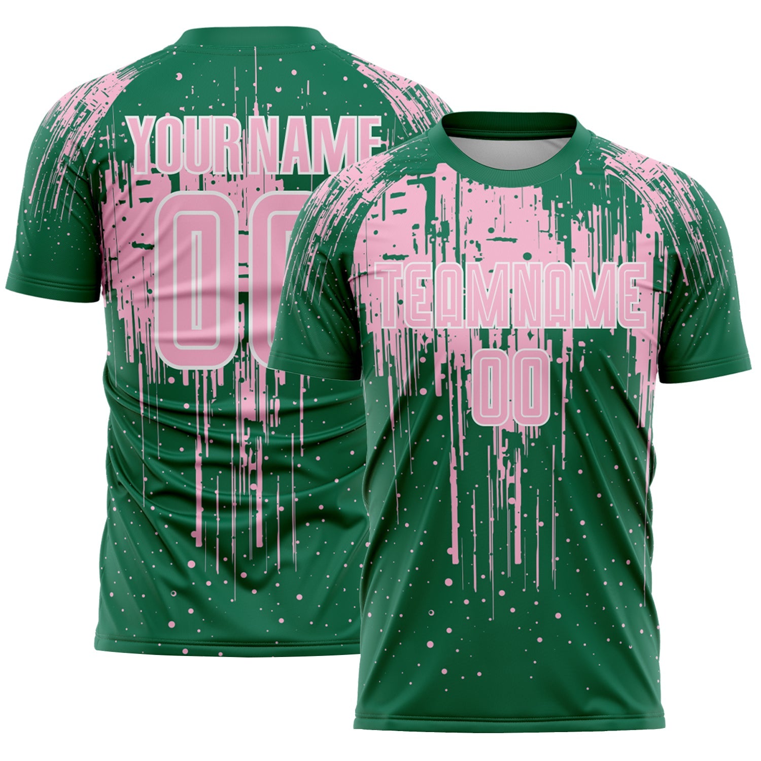 Custom Kelly Green Light Pink-White Dripping Splatte Pattern Sports Sublimation Soccer Uniform Jersey - Main View
