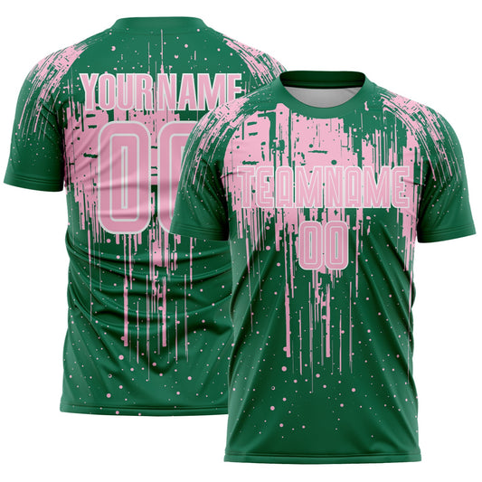 Custom Kelly Green Light Pink-White Dripping Splatte Pattern Sports Sublimation Soccer Uniform Jersey - Main View