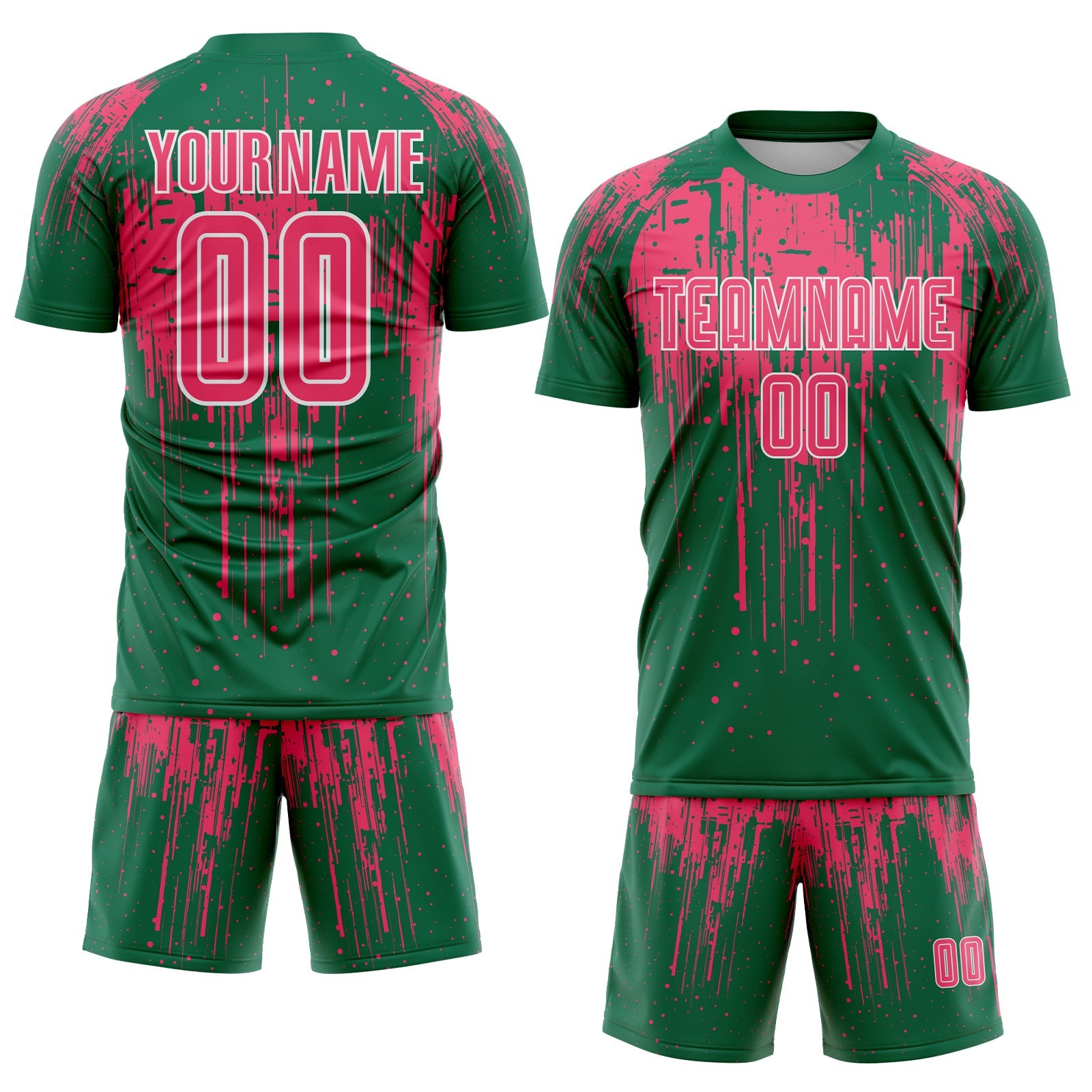 Custom Kelly Green Neon Pink-White Dripping Splatte Pattern Sports Sublimation Soccer Uniform Jersey view 2