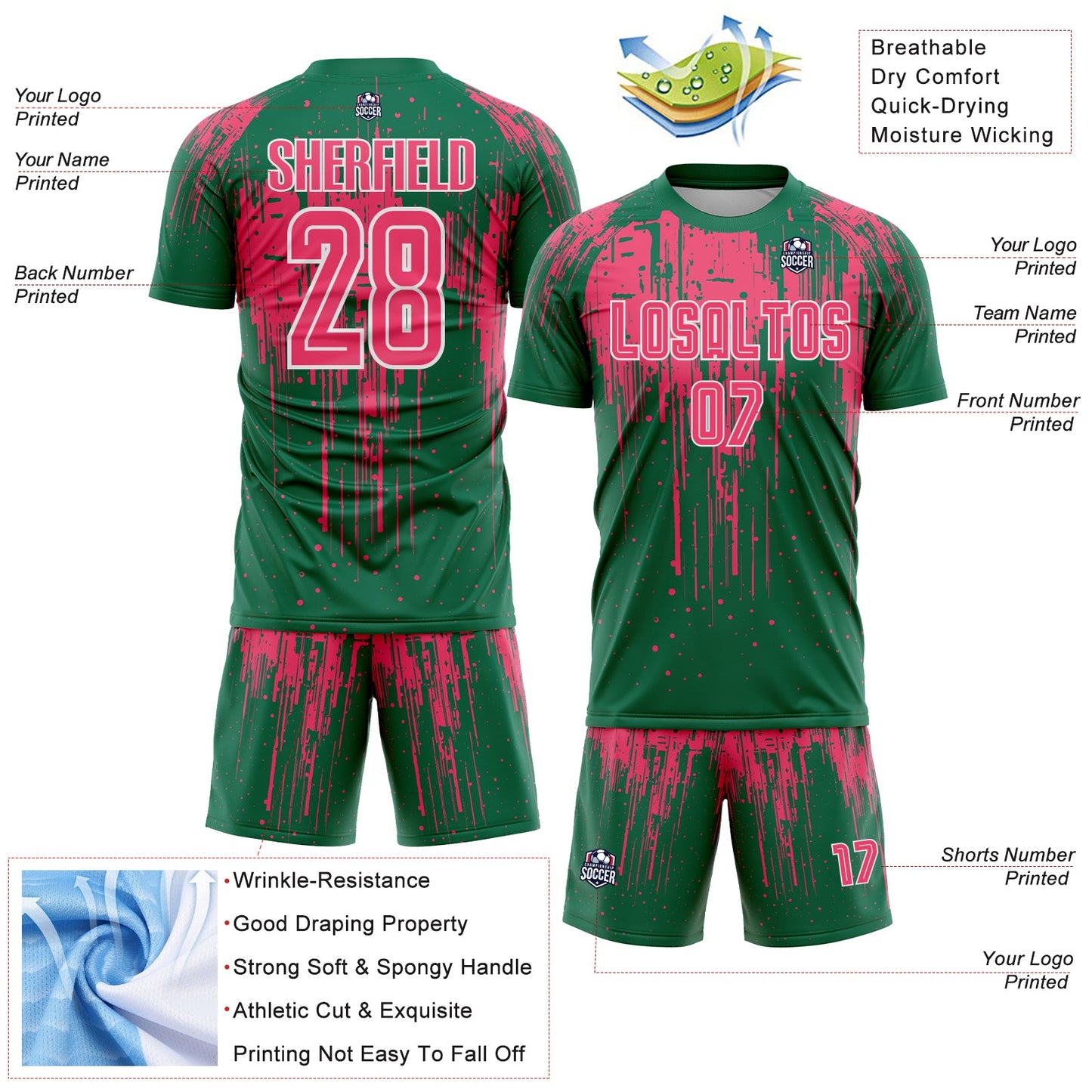 Custom Kelly Green Neon Pink-White Dripping Splatte Pattern Sports Sublimation Soccer Uniform Jersey view 4