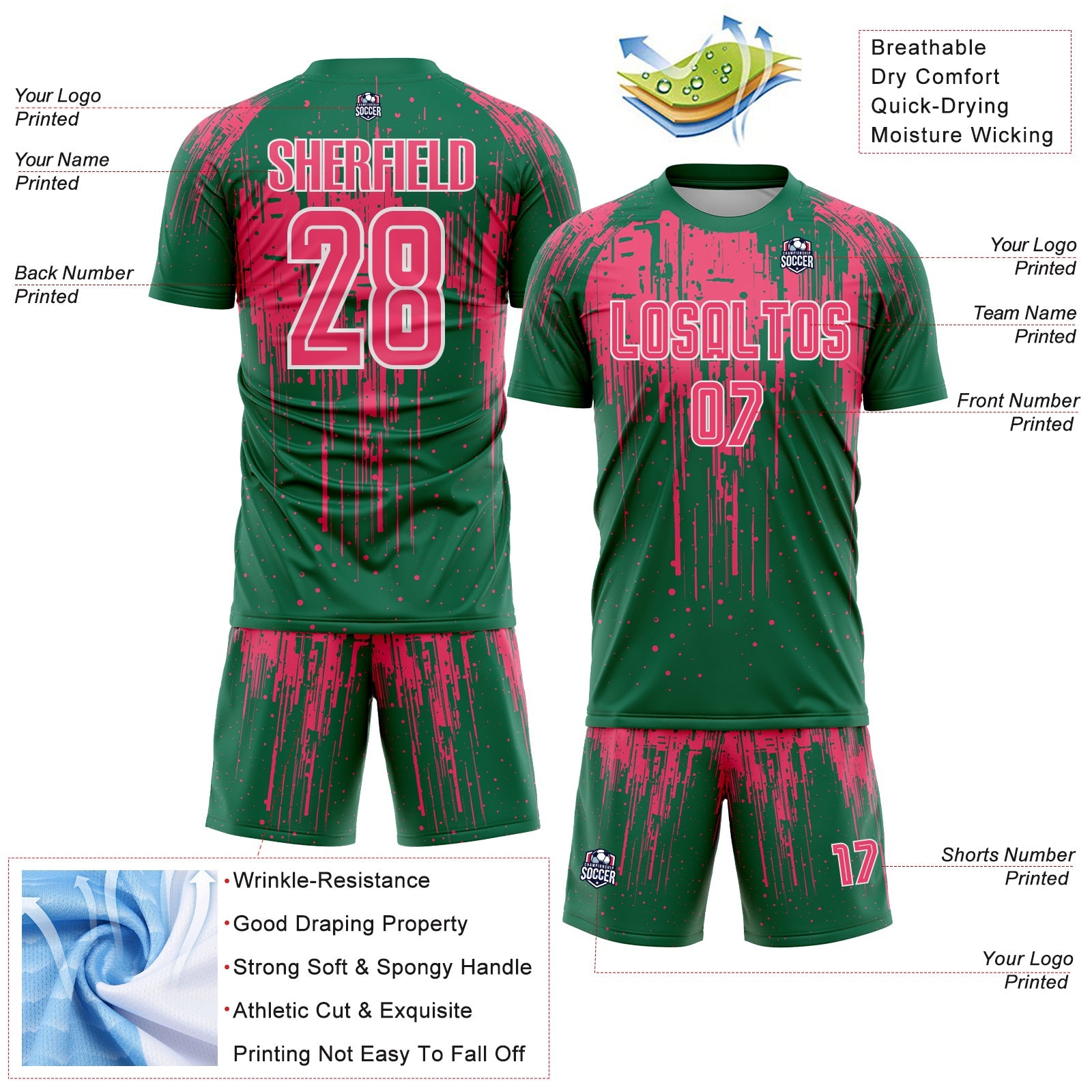 Custom Kelly Green Neon Pink-White Dripping Splatte Pattern Sports Sublimation Soccer Uniform Jersey view 4