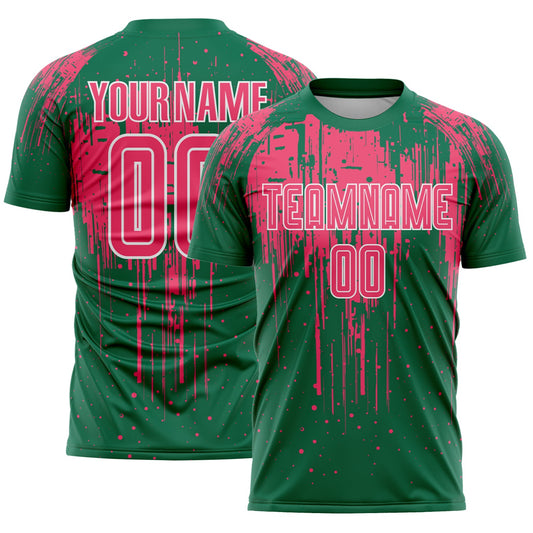 Custom Kelly Green Neon Pink-White Dripping Splatte Pattern Sports Sublimation Soccer Uniform Jersey - Main View