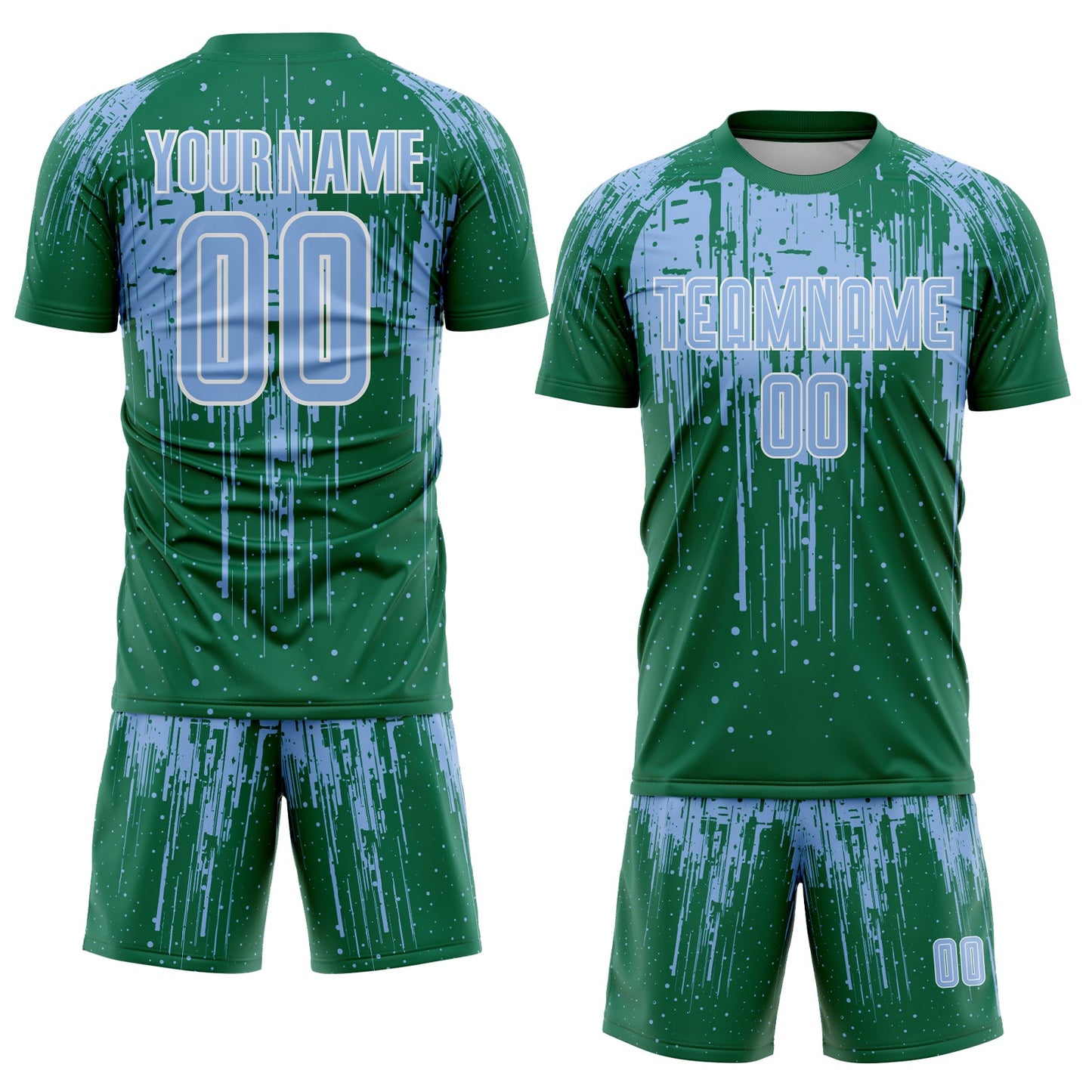 Custom Kelly Green Light Blue-White Dripping Splatte Pattern Sports Sublimation Soccer Uniform Jersey view 2
