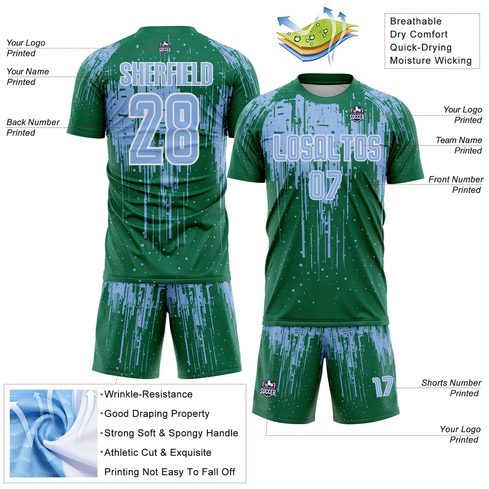 Custom Kelly Green Light Blue-White Dripping Splatte Pattern Sports Sublimation Soccer Uniform Jersey view 4