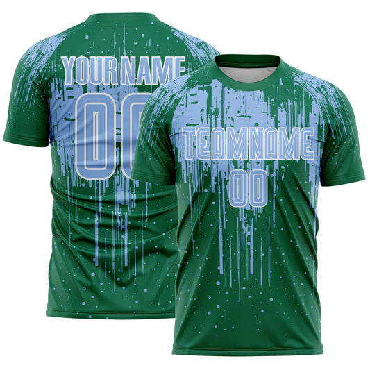 Custom Kelly Green Light Blue-White Dripping Splatte Pattern Sports Sublimation Soccer Uniform Jersey - Main View