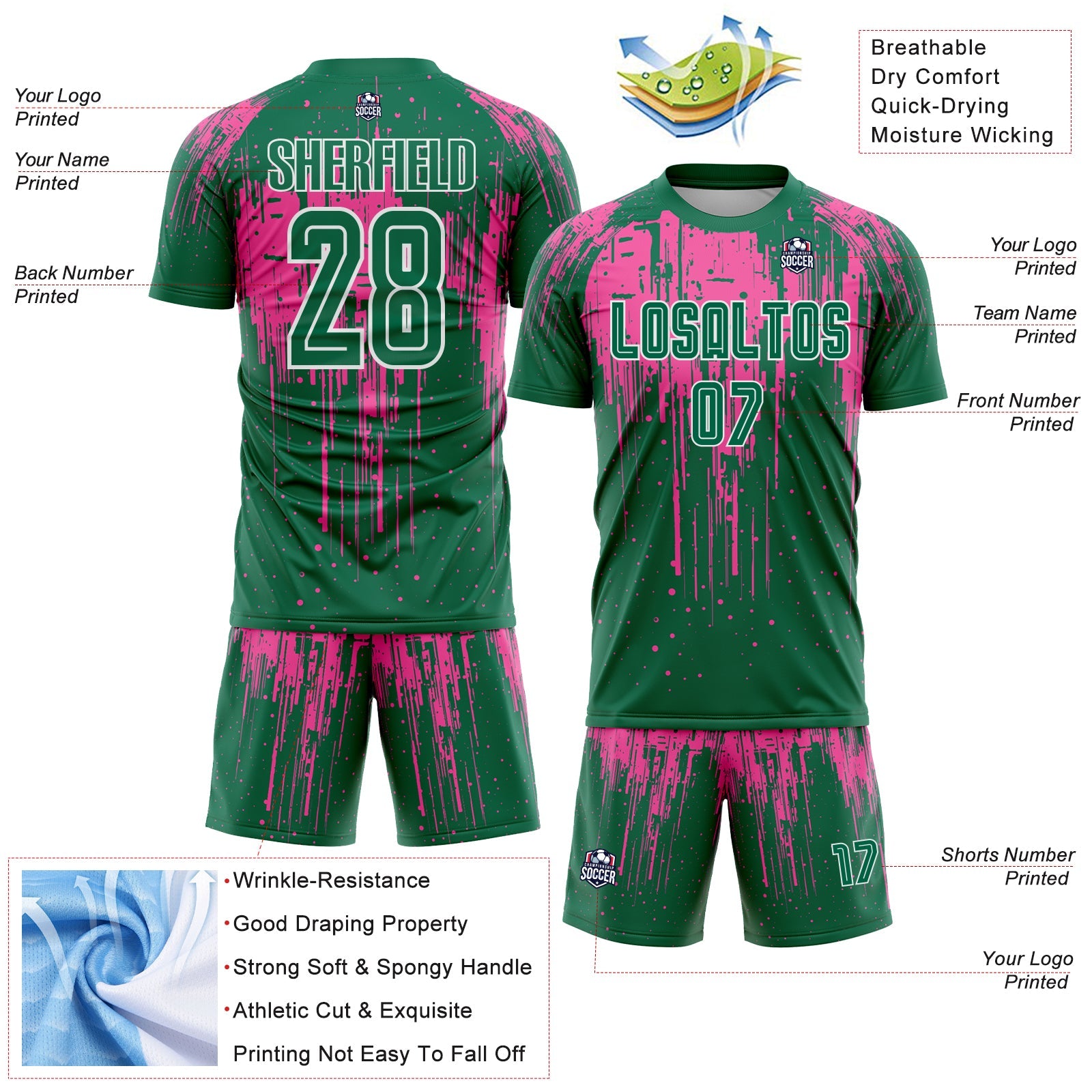 Custom Kelly Green Pink-White Dripping Splatte Pattern Sports Sublimation Soccer Uniform Jersey view 4