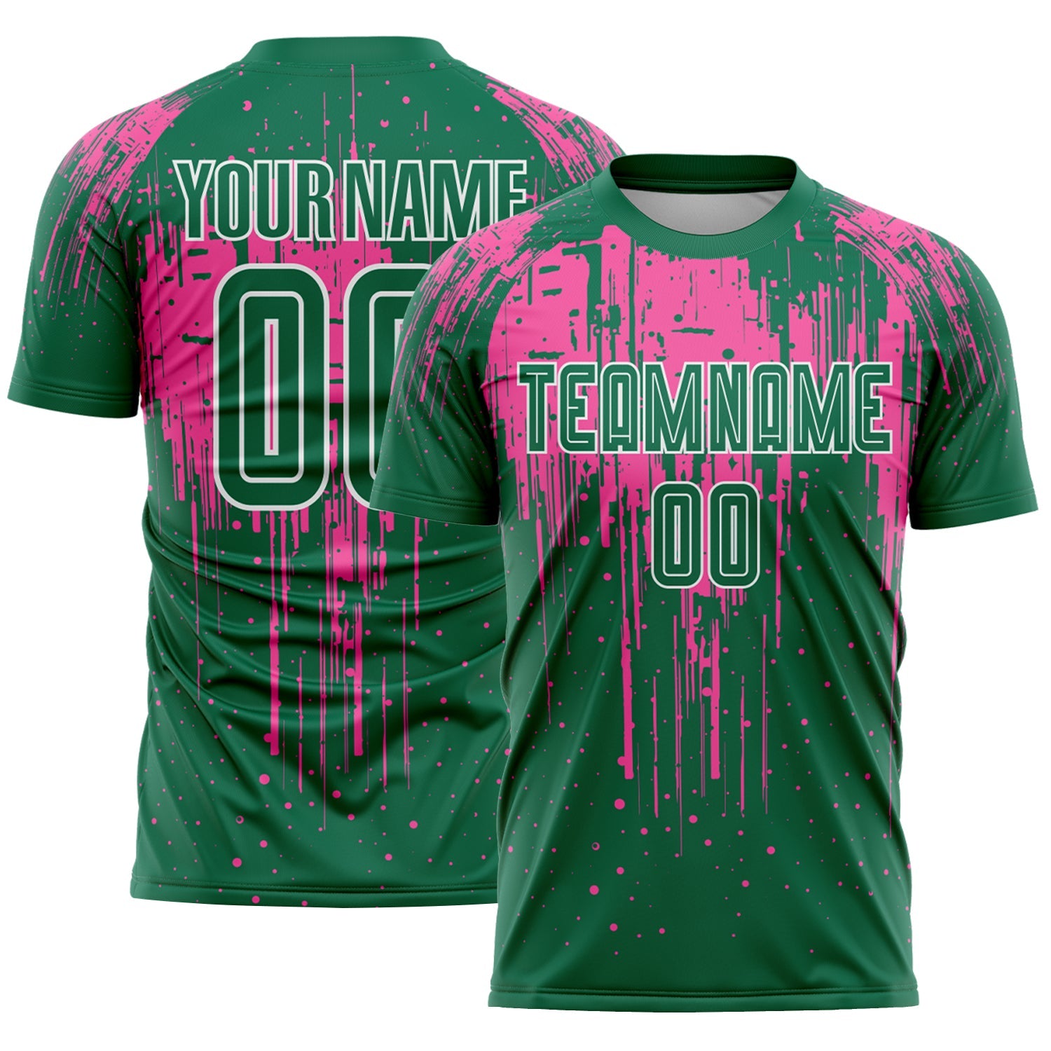 Custom Kelly Green Pink-White Dripping Splatte Pattern Sports Sublimation Soccer Uniform Jersey - Main View