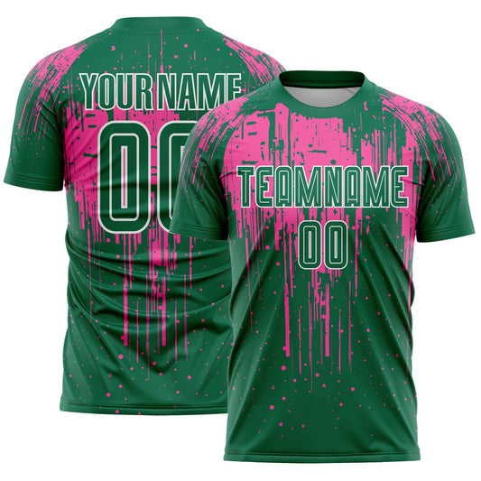 Custom Kelly Green Pink-White Dripping Splatte Pattern Sports Sublimation Soccer Uniform Jersey - Main View