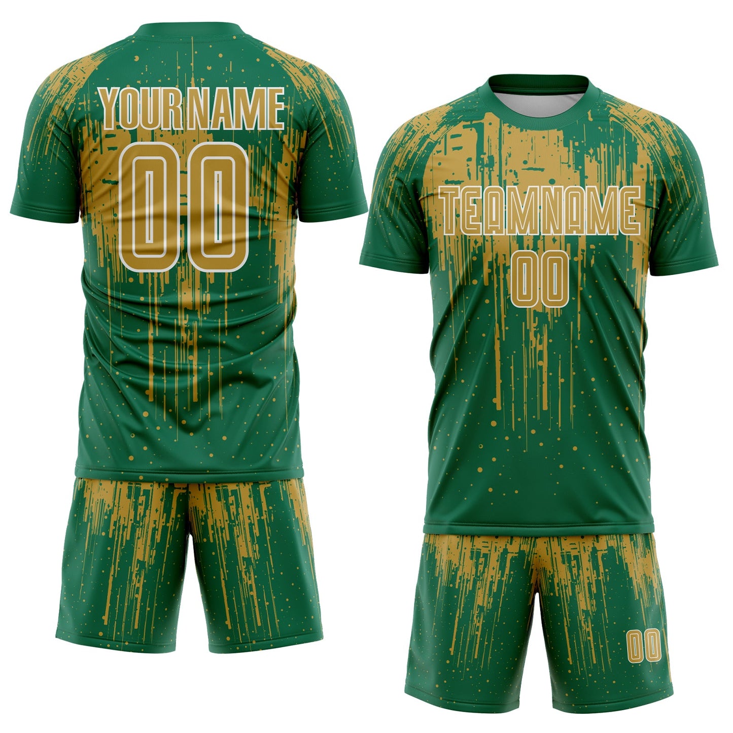 Custom Kelly Green Old Gold-White Dripping Splatte Pattern Sports Sublimation Soccer Uniform Jersey view 2