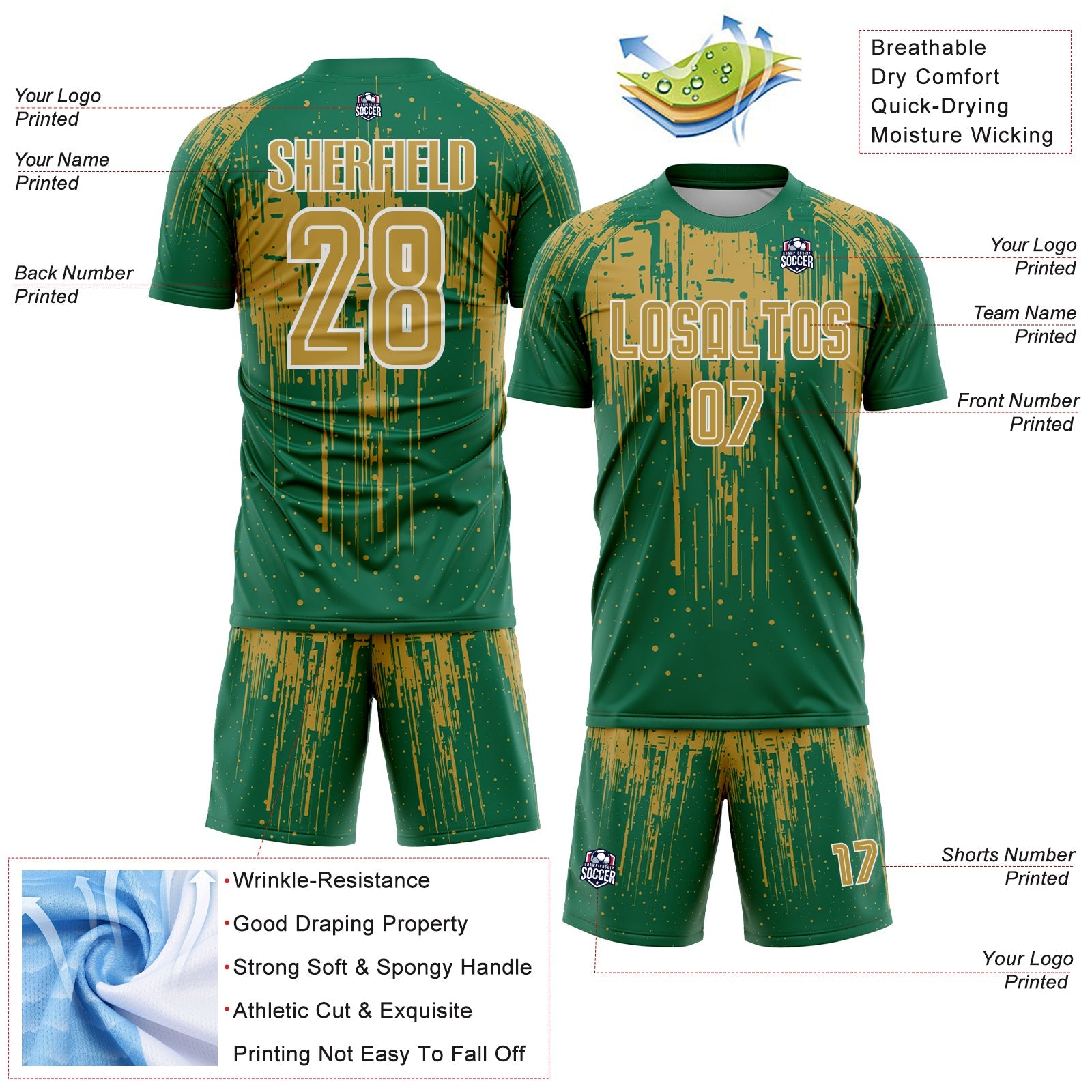 Custom Kelly Green Old Gold-White Dripping Splatte Pattern Sports Sublimation Soccer Uniform Jersey view 4