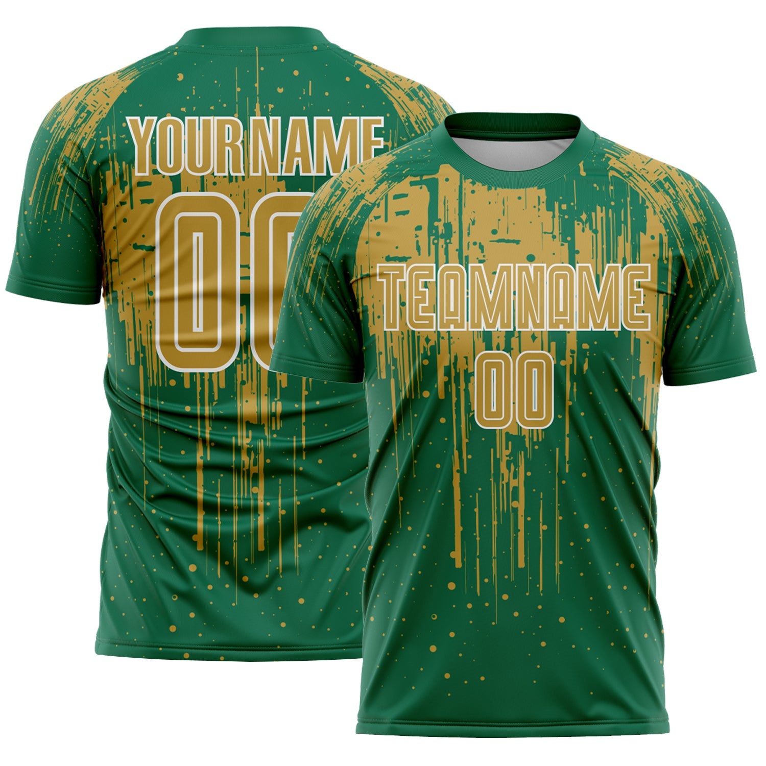 Custom Kelly Green Old Gold-White Dripping Splatte Pattern Sports Sublimation Soccer Uniform Jersey - Main View
