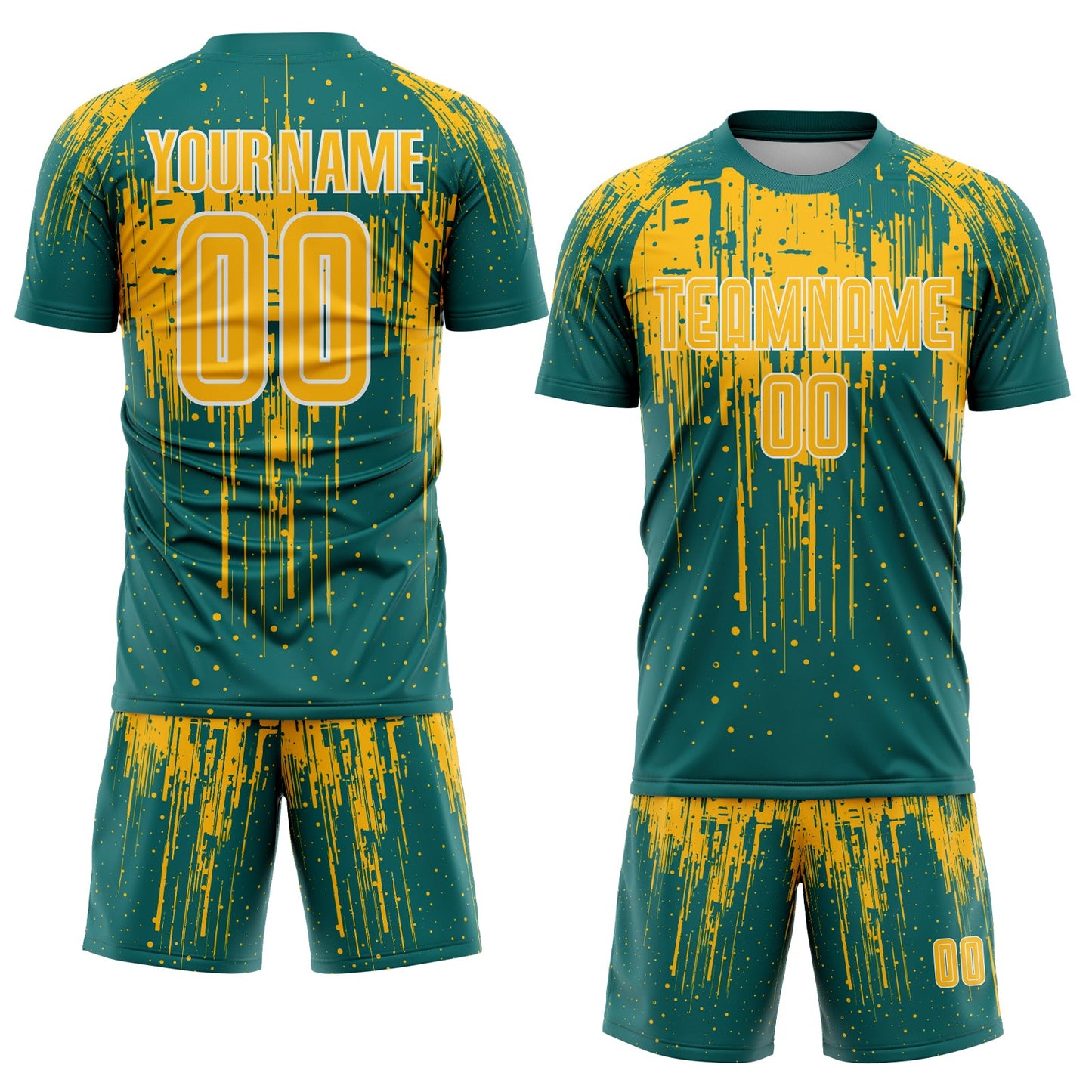 Custom Teal Gold-White Dripping Splatte Pattern Sports Sublimation Soccer Uniform Jersey view 2