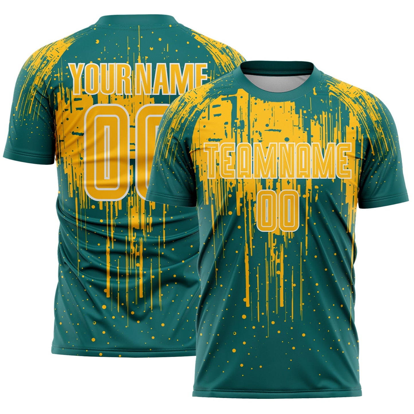 Custom Teal Gold-White Dripping Splatte Pattern Sports Sublimation Soccer Uniform Jersey - Main View