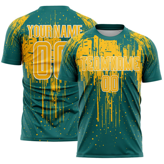Custom Teal Gold-White Dripping Splatte Pattern Sports Sublimation Soccer Uniform Jersey - Main View