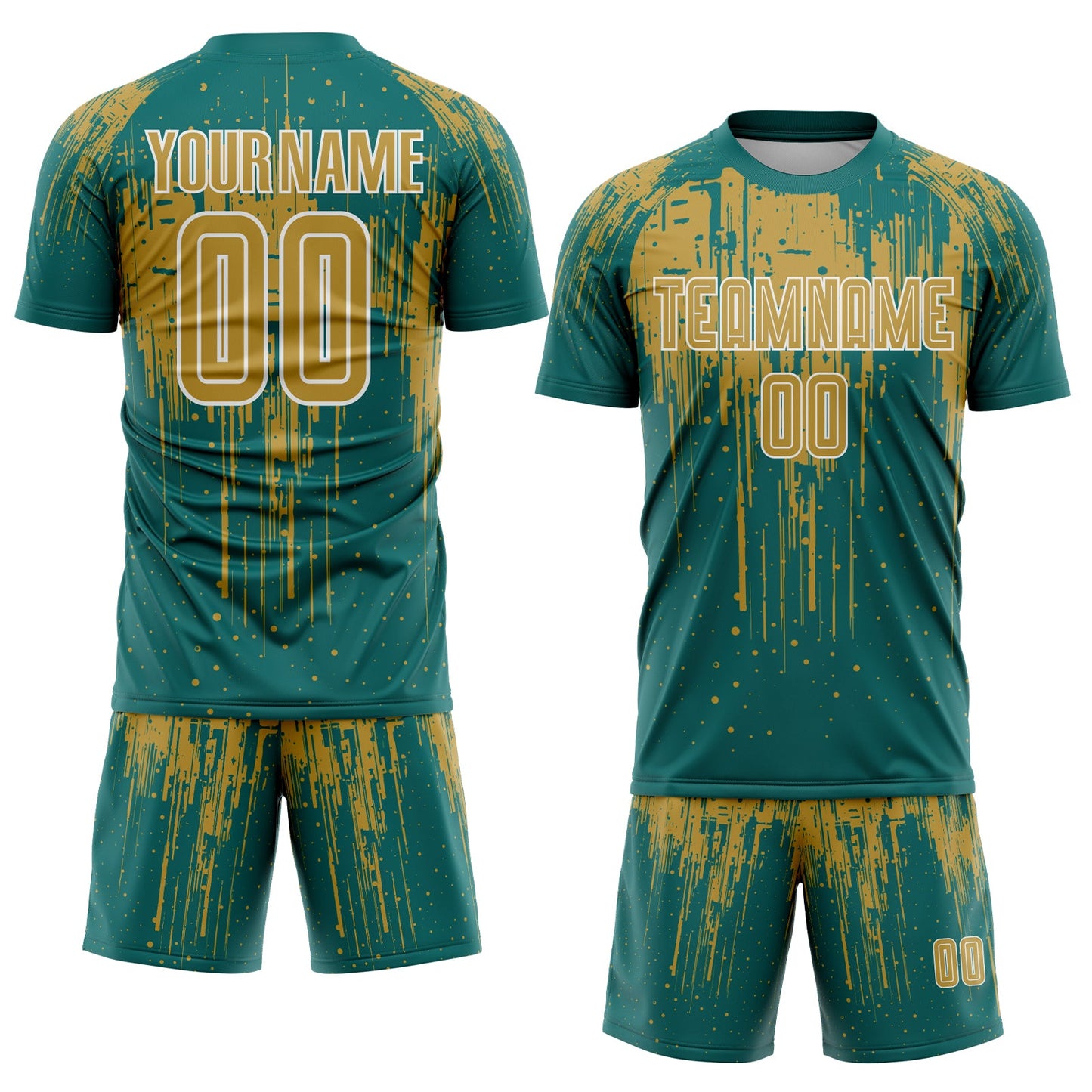 Custom Teal Old Gold-White Dripping Splatte Pattern Sports Sublimation Soccer Uniform Jersey view 2