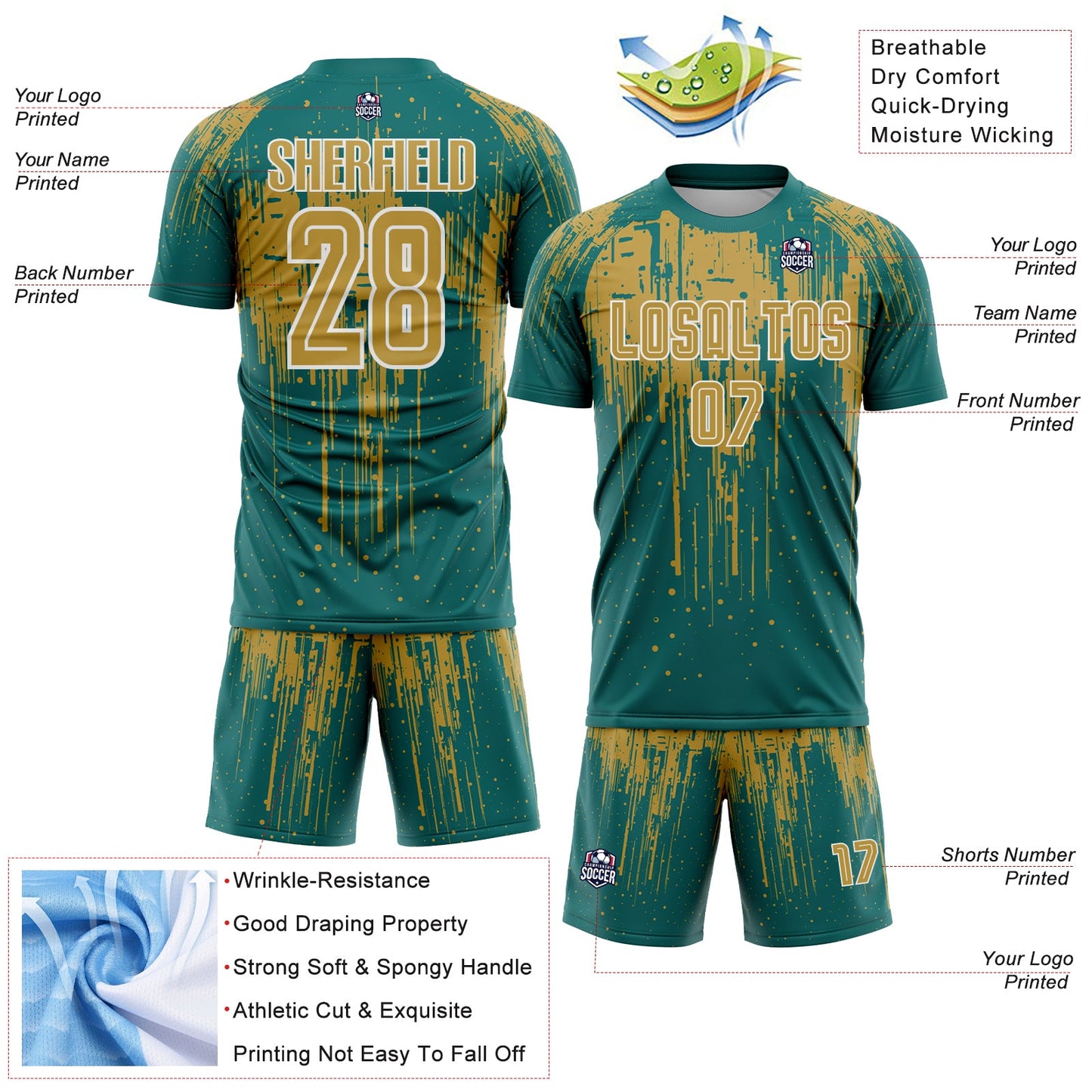 Custom Teal Old Gold-White Dripping Splatte Pattern Sports Sublimation Soccer Uniform Jersey view 4