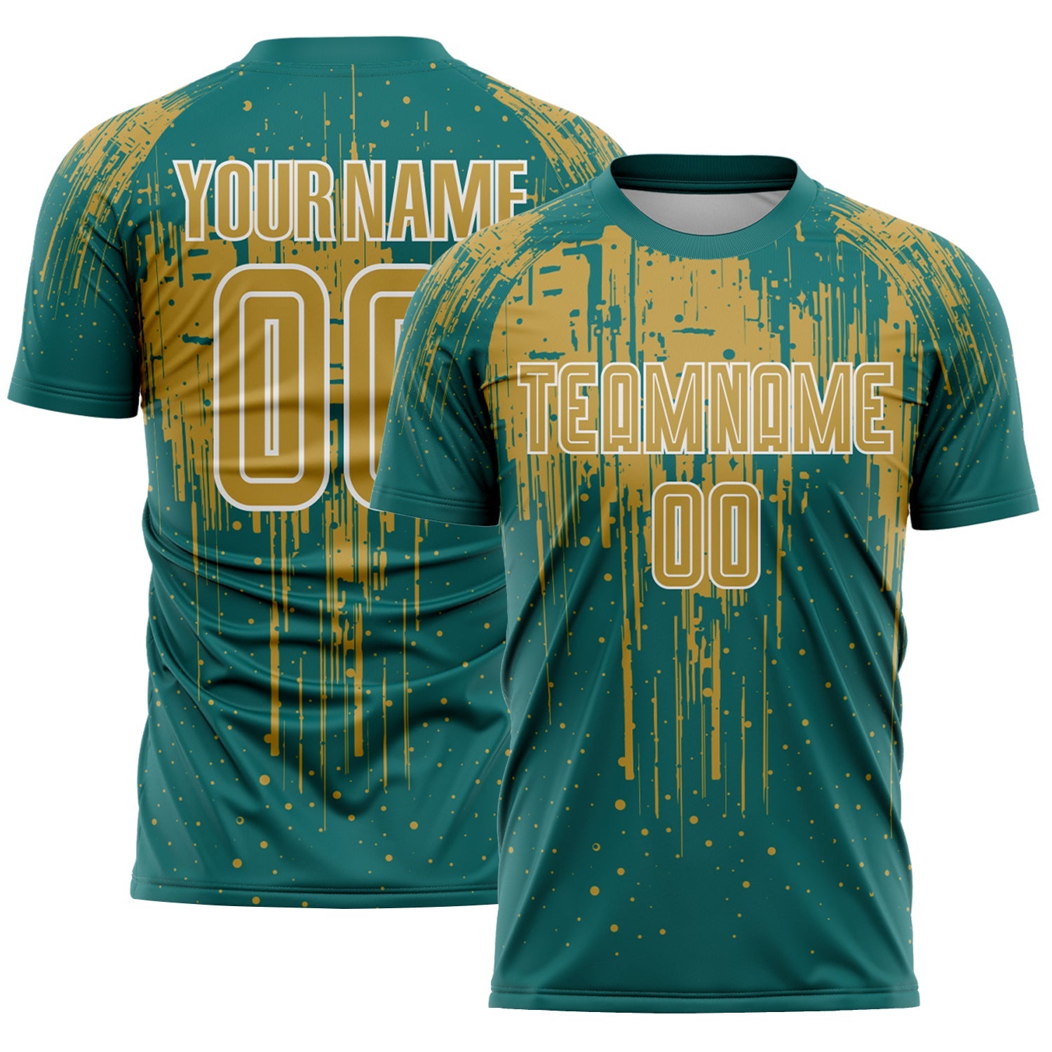 Custom Teal Old Gold-White Dripping Splatte Pattern Sports Sublimation Soccer Uniform Jersey - Main View