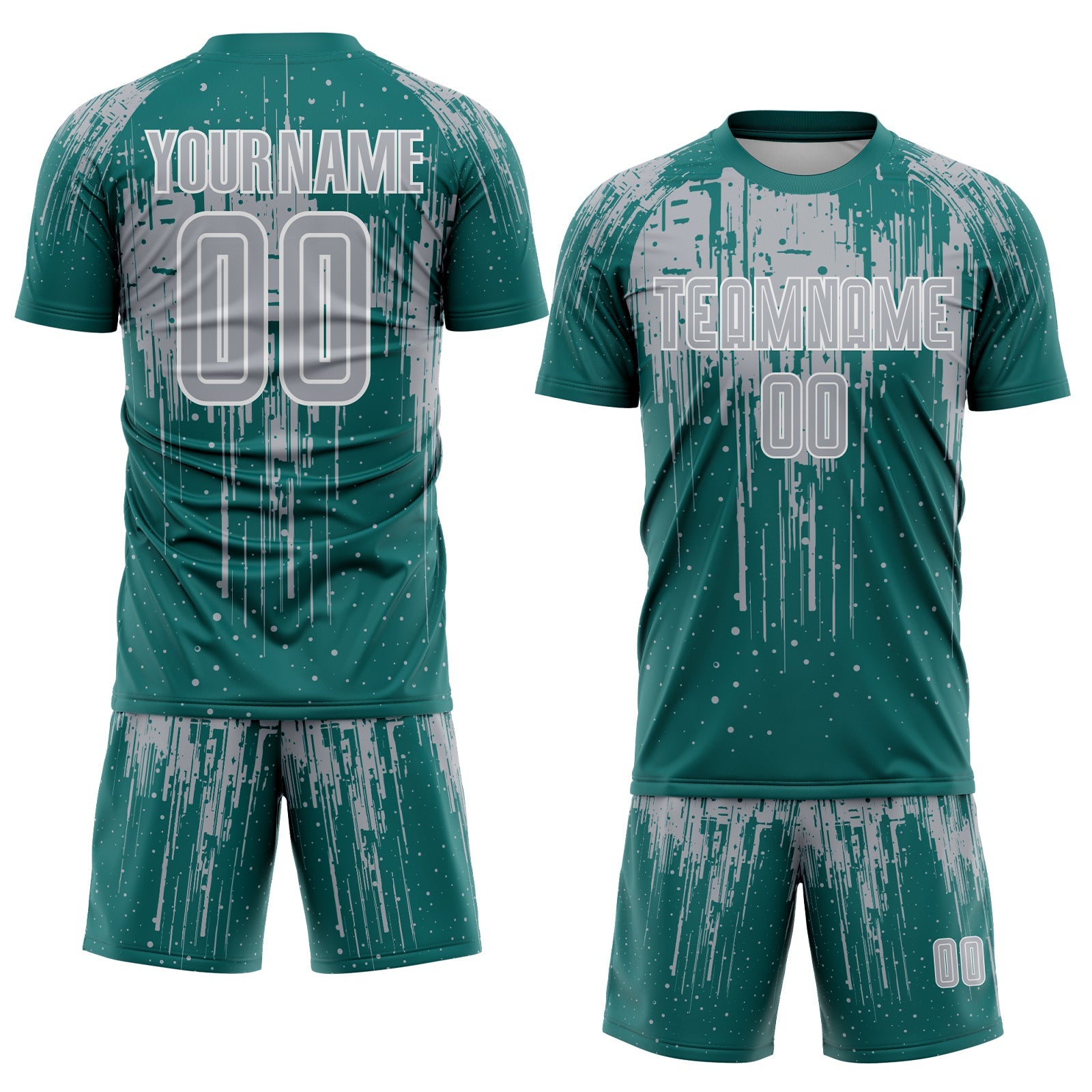 Custom Teal Gray-White Dripping Splatte Pattern Sports Sublimation Soccer Uniform Jersey view 2
