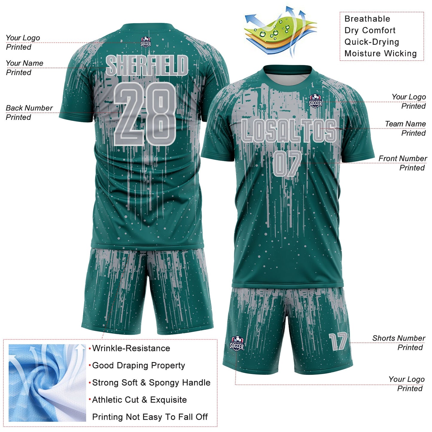 Custom Teal Gray-White Dripping Splatte Pattern Sports Sublimation Soccer Uniform Jersey view 4