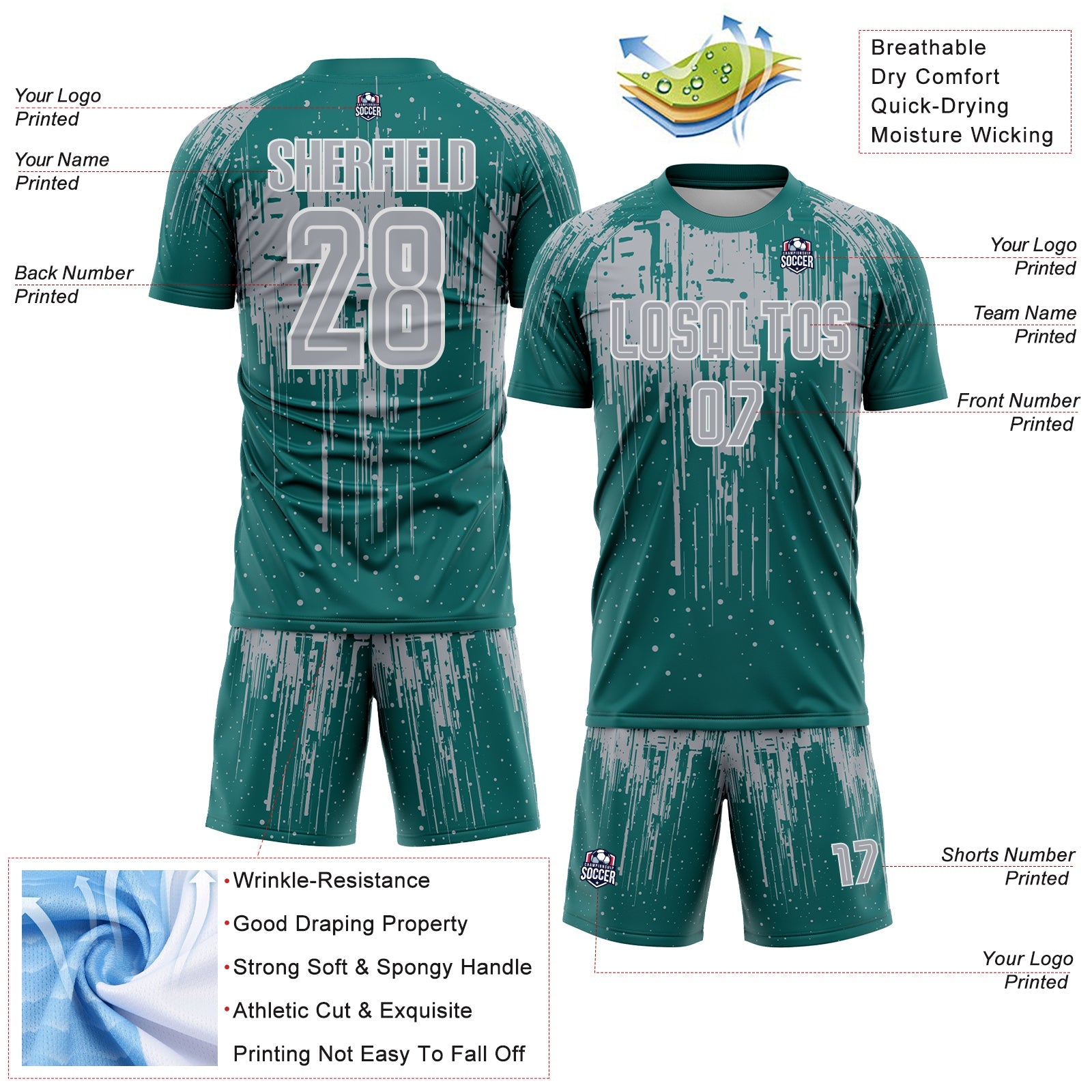 Custom Teal Gray-White Dripping Splatte Pattern Sports Sublimation Soccer Uniform Jersey view 4