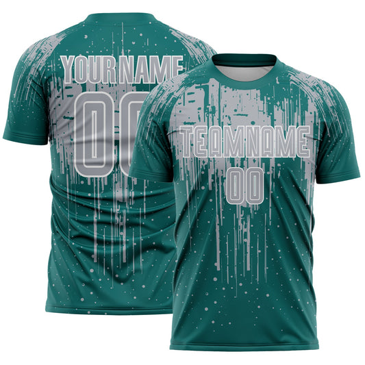 Custom Teal Gray-White Dripping Splatte Pattern Sports Sublimation Soccer Uniform Jersey - Main View