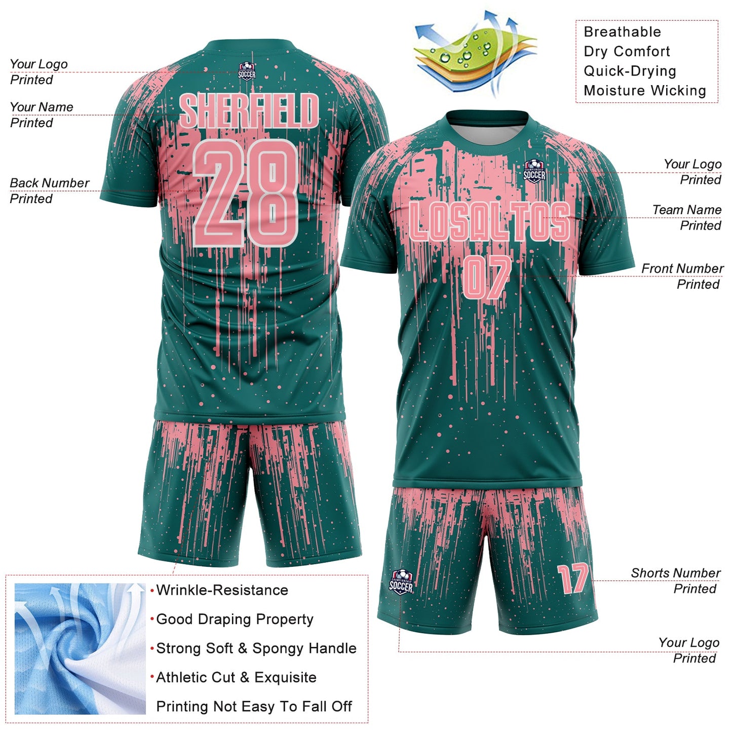 Custom Teal Medium Pink-White Dripping Splatte Pattern Sports Sublimation Soccer Uniform Jersey view 4