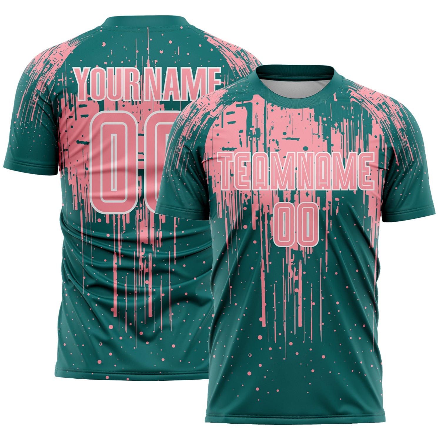 Custom Teal Medium Pink-White Dripping Splatte Pattern Sports Sublimation Soccer Uniform Jersey - Main View