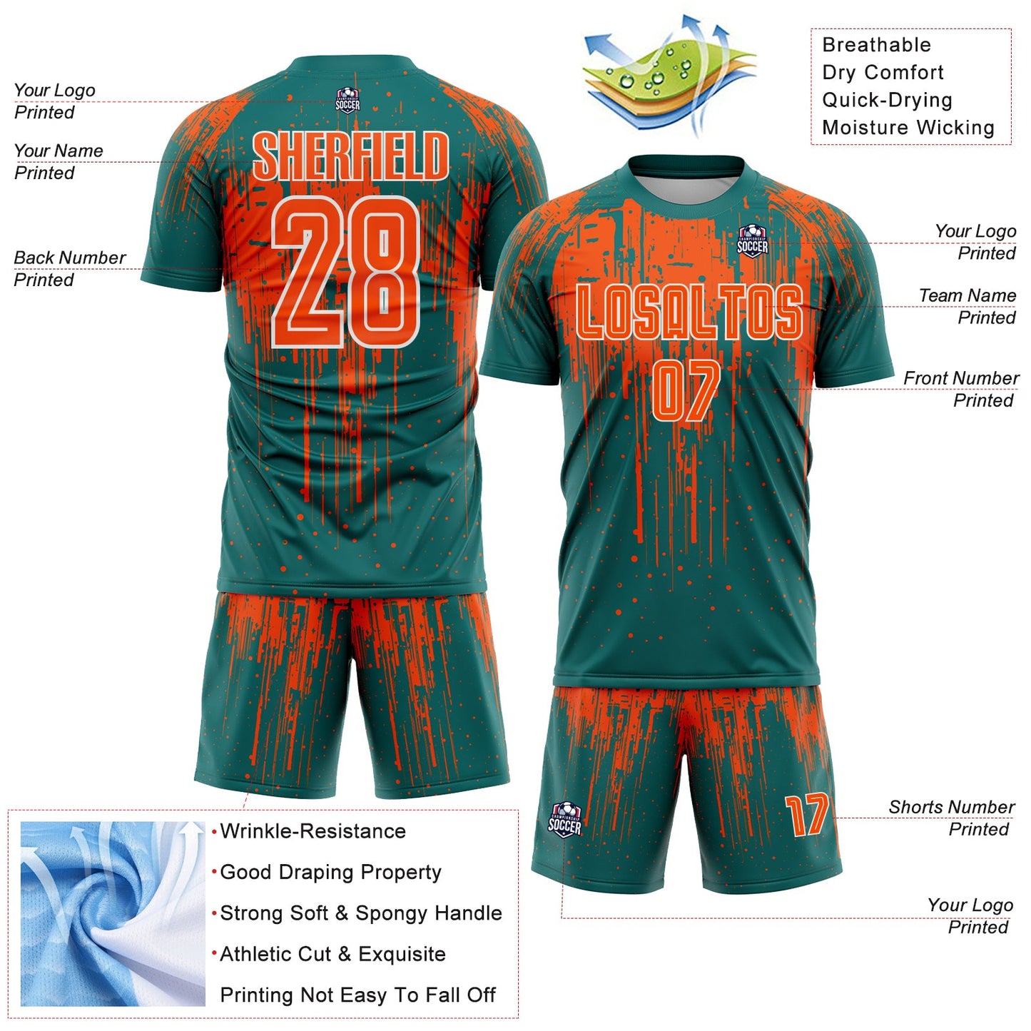 Custom Teal Orange-White Dripping Splatte Pattern Sports Sublimation Soccer Uniform Jersey view 4