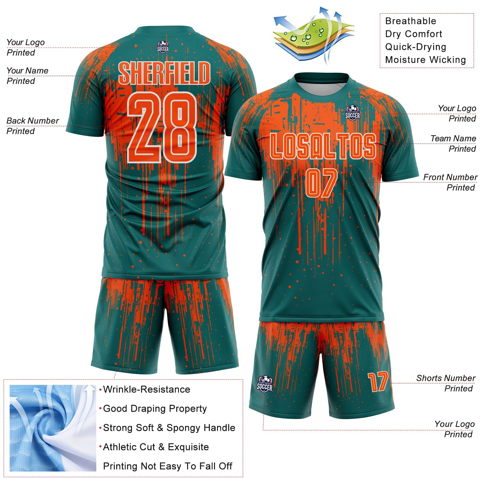 Custom Teal Orange-White Dripping Splatte Pattern Sports Sublimation Soccer Uniform Jersey view 4