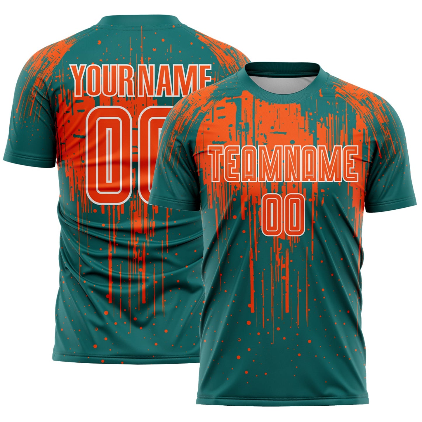 Custom Teal Orange-White Dripping Splatte Pattern Sports Sublimation Soccer Uniform Jersey - Main View
